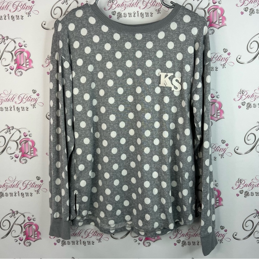 Kate Spade New York sweater dotted KS logo on front Gray and White Polka Dot Top